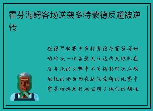 霍芬海姆客场逆袭多特蒙德反超被逆转
